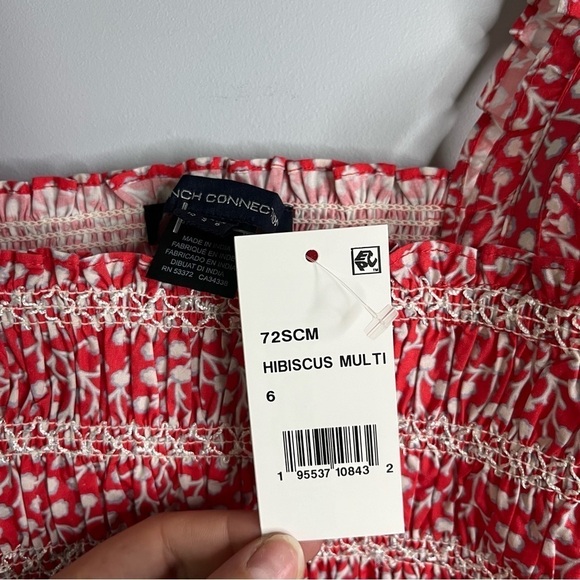 French Connection Smocked Hibiscus Multi Red Organic Cotton Tank Top Sz 6 NWT - Picture 10 of 16